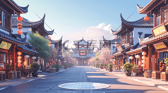 中国国风建筑古街道风景的插画7