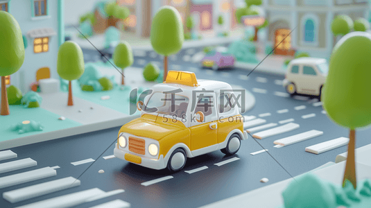 数字建设插画图片_卡通立体城市建设公路上出租车的插画98