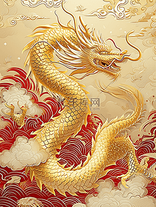 手绘金色祥云插画图片_新年龙年金色插画雕刻海报