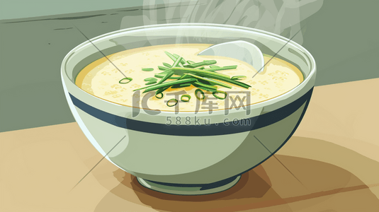 手绘餐桌上热气腾腾白米粥的插画15
