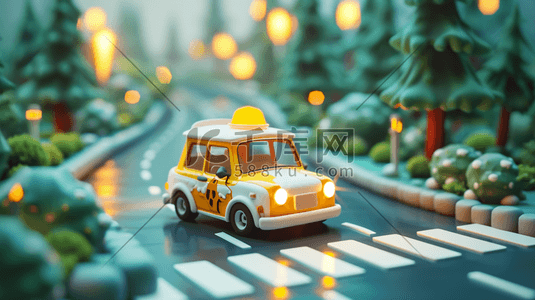 黄色出租车插画图片_卡通立体城市建设公路上出租车的插画16