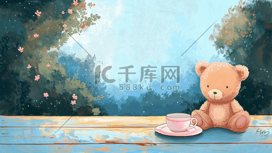 蓝色小熊插画图片_手绘彩色墙边小熊的插画6