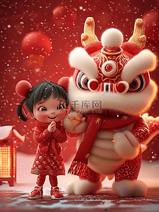 大红背景插画图片_女孩新年狮子雪天立体插画海报