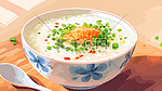 手绘餐桌上热气腾腾白米粥的插画4