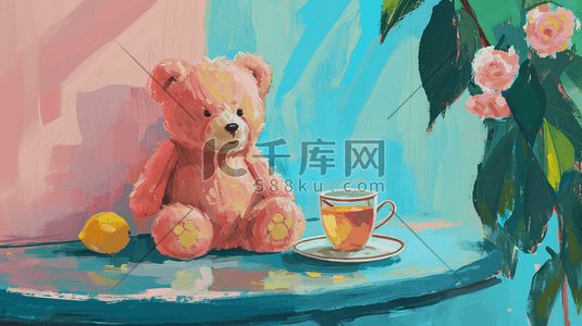 蓝色小熊插画图片_手绘彩色墙边小熊的插画11