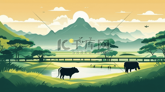农田牛插画图片_一位农民在田间与水牛为伴简约插画