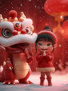 新年喜庆狮子插画图片_新年女孩狮子雪天立体海报插画