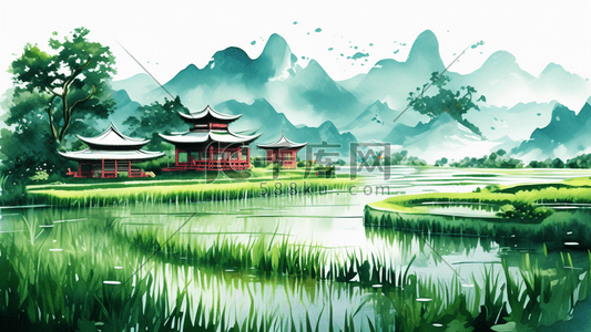 绿色的风插画图片_稻田水彩绿色的插画中国风格