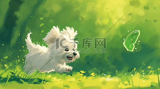 公园绿色草坪上小狗开心追蝴蝶的插画8