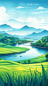 靛蓝色边框插画图片_稻之乡的景色浅靛蓝和浅绿色水彩画插画素材