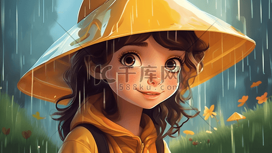 雨中的女孩戴帽子生动活泼的自然场景插画