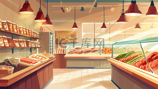 商城展柜插画图片_超市生鲜区展柜海鲜的插画16