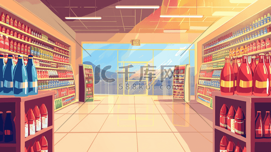 新鲜果蔬超市插画图片_扁平化彩色超市便利店饮料区的插画18