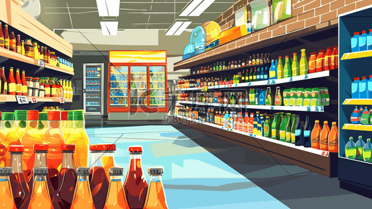 饮料热饮插画图片_扁平化彩色超市便利店饮料区的插画9