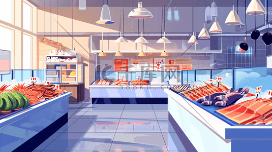 商城展柜插画图片_超市生鲜区展柜海鲜的插画17