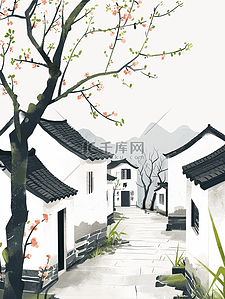城市意境插画图片_手绘江南意境房屋景色的插画9