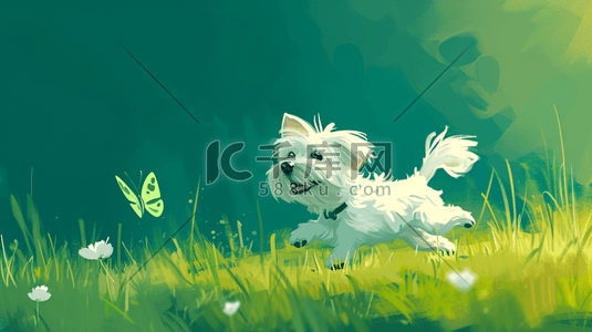 追插画图片_公园绿色草坪上小狗开心追蝴蝶的插画17
