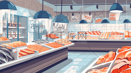 商城展柜插画图片_超市生鲜区展柜海鲜的插画3
