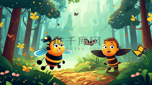 在雨季的森林里捕捉大黄蜂和蝴蝶插画图片