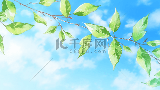 蓝天白云下树枝头上树叶随风的插画11