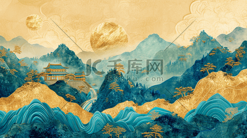 蓝金中式壁布高端大气山水插画8