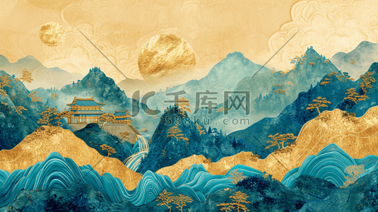 黑色背景高端插画图片_蓝金中式壁布高端大气山水插画8