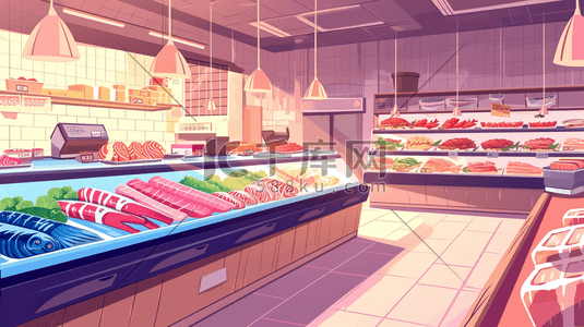 生鲜冷库插画图片_超市生鲜区展柜海鲜的插画4