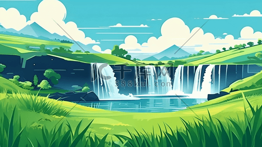 片绿色插画图片_画面上的稻田和瀑布在一片绿色的田野上插画
