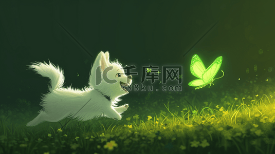 公园绿色草坪上小狗开心追蝴蝶的插画2