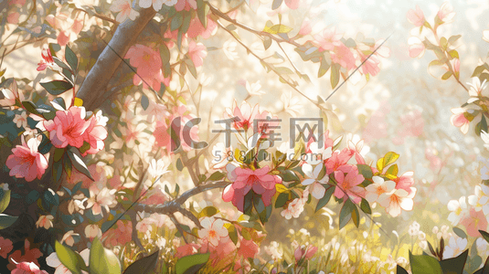 彩色花朵公园里树枝上花朵开放的插画14