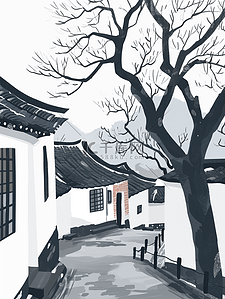 城市意境插画图片_手绘江南意境房屋景色的插画7
