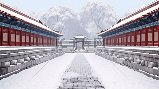 冬季下雪古代建筑庭院外有红杏的插画19