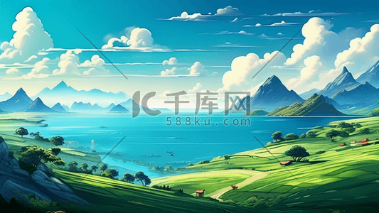 田野在一幅画中天蓝色和翡翠生动的海景矢量插画