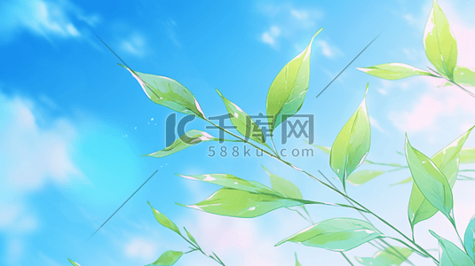 蓝天白云下树枝头上树叶随风的插画2