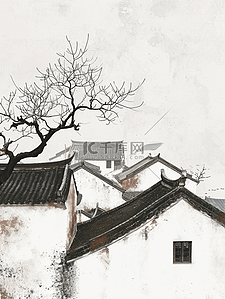 城市意境插画图片_手绘江南意境房屋景色的插画6