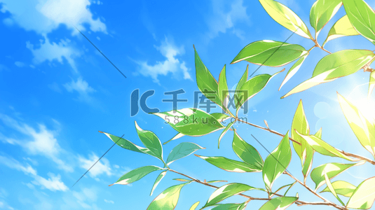 蓝天白云下树枝头上树叶随风的插画24