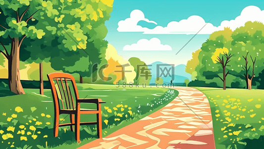 绿色小椅子插画图片_公园里路边的花花草草插画