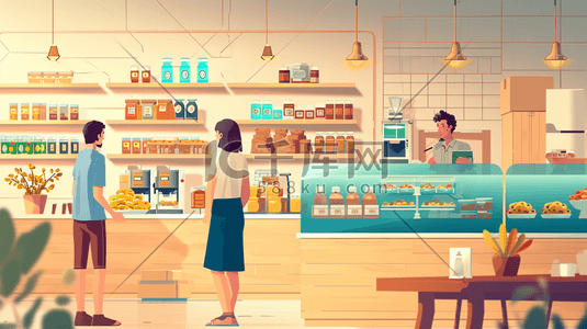 卡通彩色蛋糕咖啡店里装饰场景的插画4