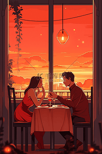 情侣餐厅吃饭夕阳手绘约会海报插图