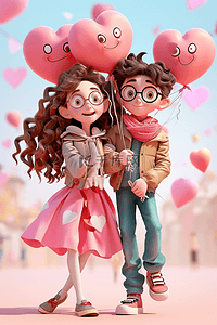粉红色气球气球插画图片_情人节3d立体情侣卡通海报插画海报