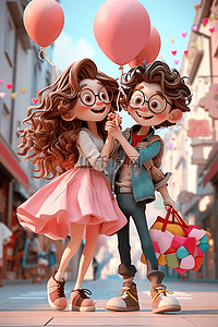 气球束插画图片_情侣情人节3d立体卡通海报插画素材