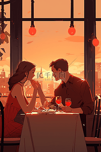情侣约会餐厅吃饭夕阳手绘海报插画设计