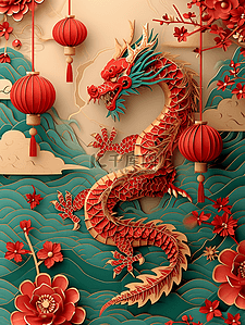 春节海报剪纸插画图片_新年灯笼龙年云彩插画海报