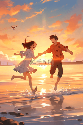 情人节情侣散步海边手绘插画