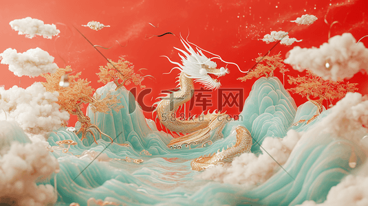 背景设计中国插画图片_雕刻河流金色手绘龙年海报插画设计