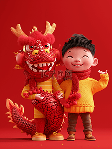 3D立体质感中国龙年孩童过年的背景14原创插画