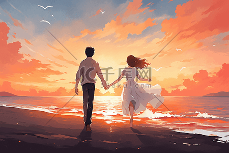 落日的天空插画图片_情人节情侣散步手绘插画海边海报