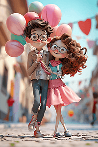 气球束插画图片_情侣3d情人节立体卡通海报矢量插画