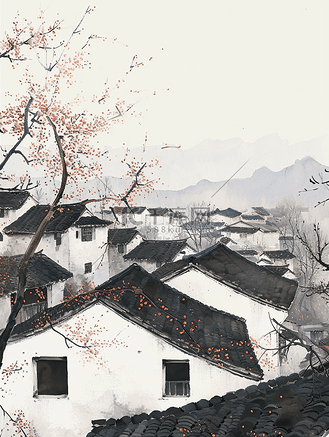 江南建筑黑白图片素材_手绘黑白江南房屋建筑的插画2