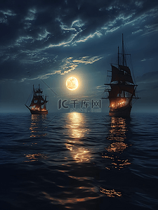 中秋满月插画图片_中秋满月船舶在海上